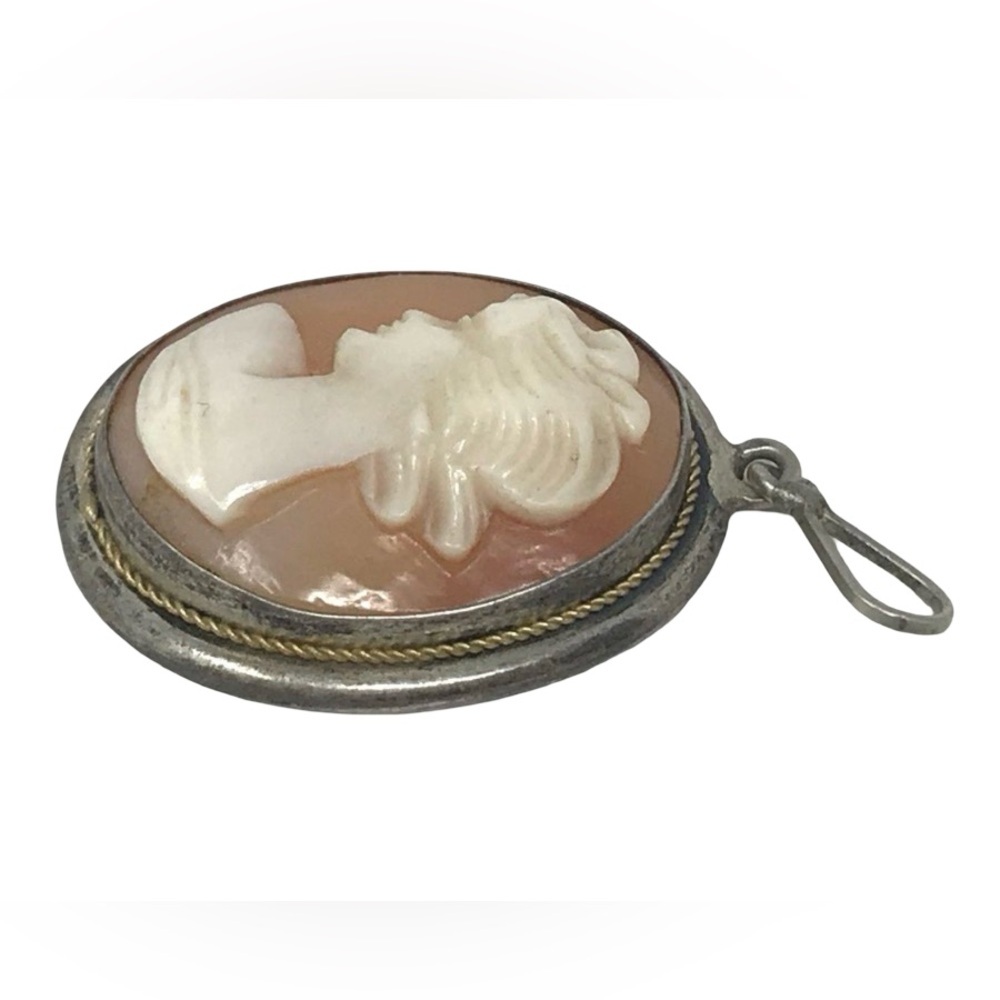 Sterling 925 Silver Vintage Carved Pink Shell Cameo Pendant - Picture 2 of 3
